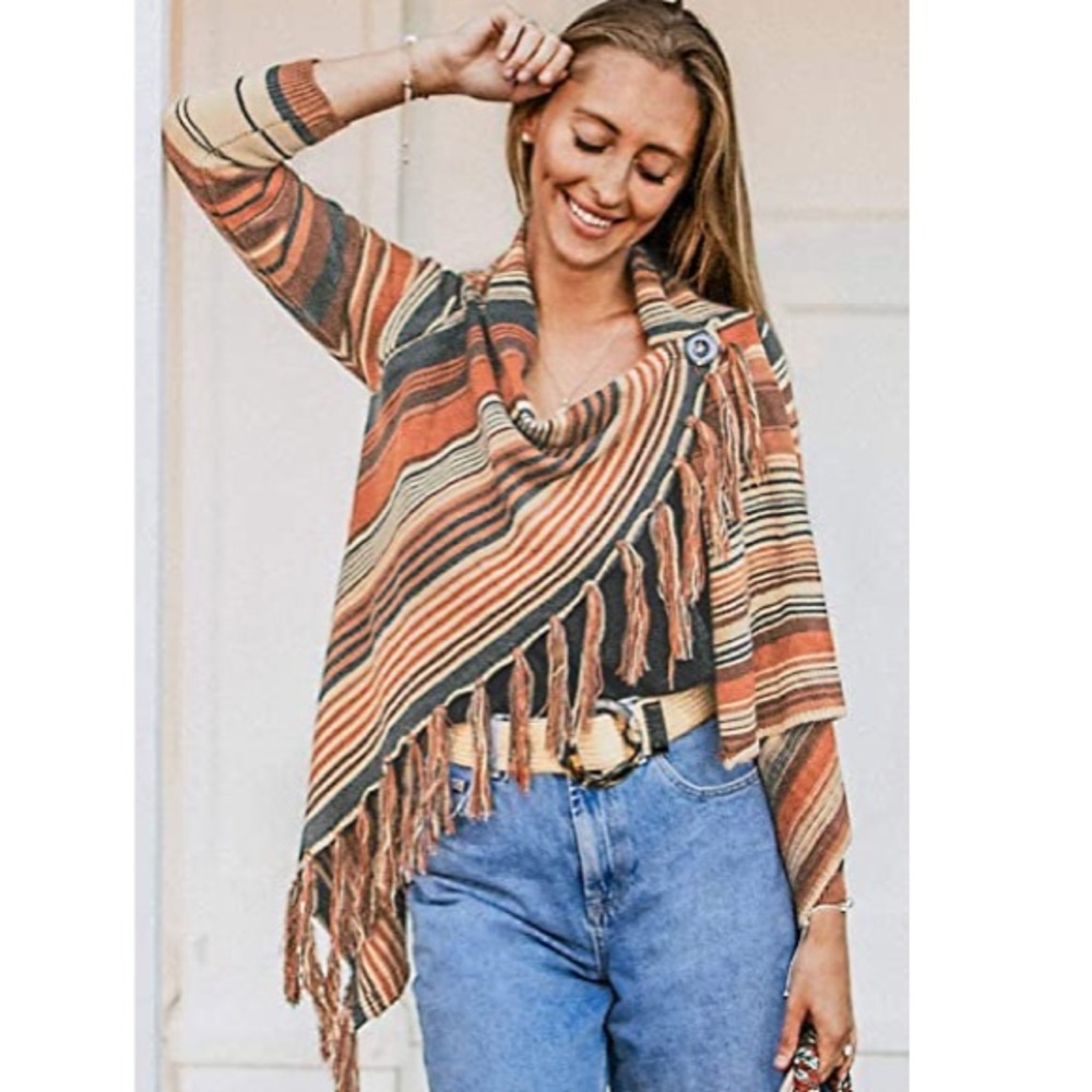 Cupshe Boho Striped Fringe Cardigan Sweater Cowl Neck Asymmetrical Wrap EUC OS